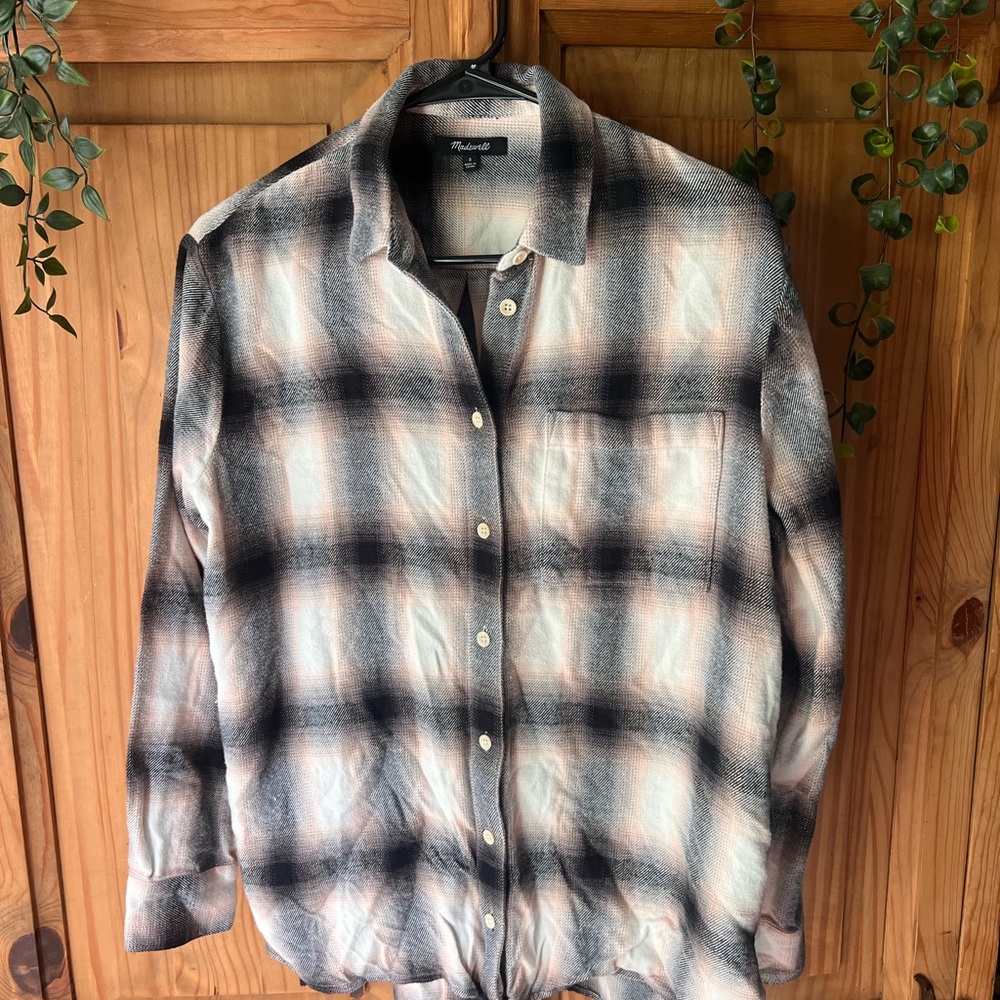Madewell Ex-Boyfriend Checkered Collared Shirt in Black and Cream Robson Plaid